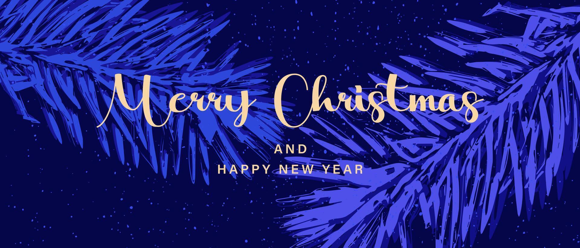 Merry Christmas and Happy New Year banner, postcard. Christmas blue background with fir tree branches and snow. vector