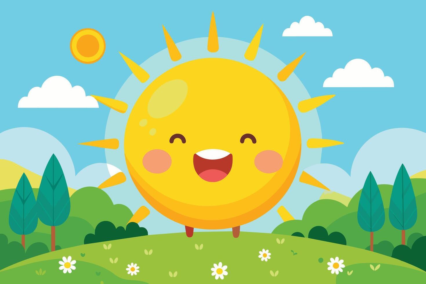Cheerful sun shining down on a cheerful scene in summer, Happy sun in warm day vector