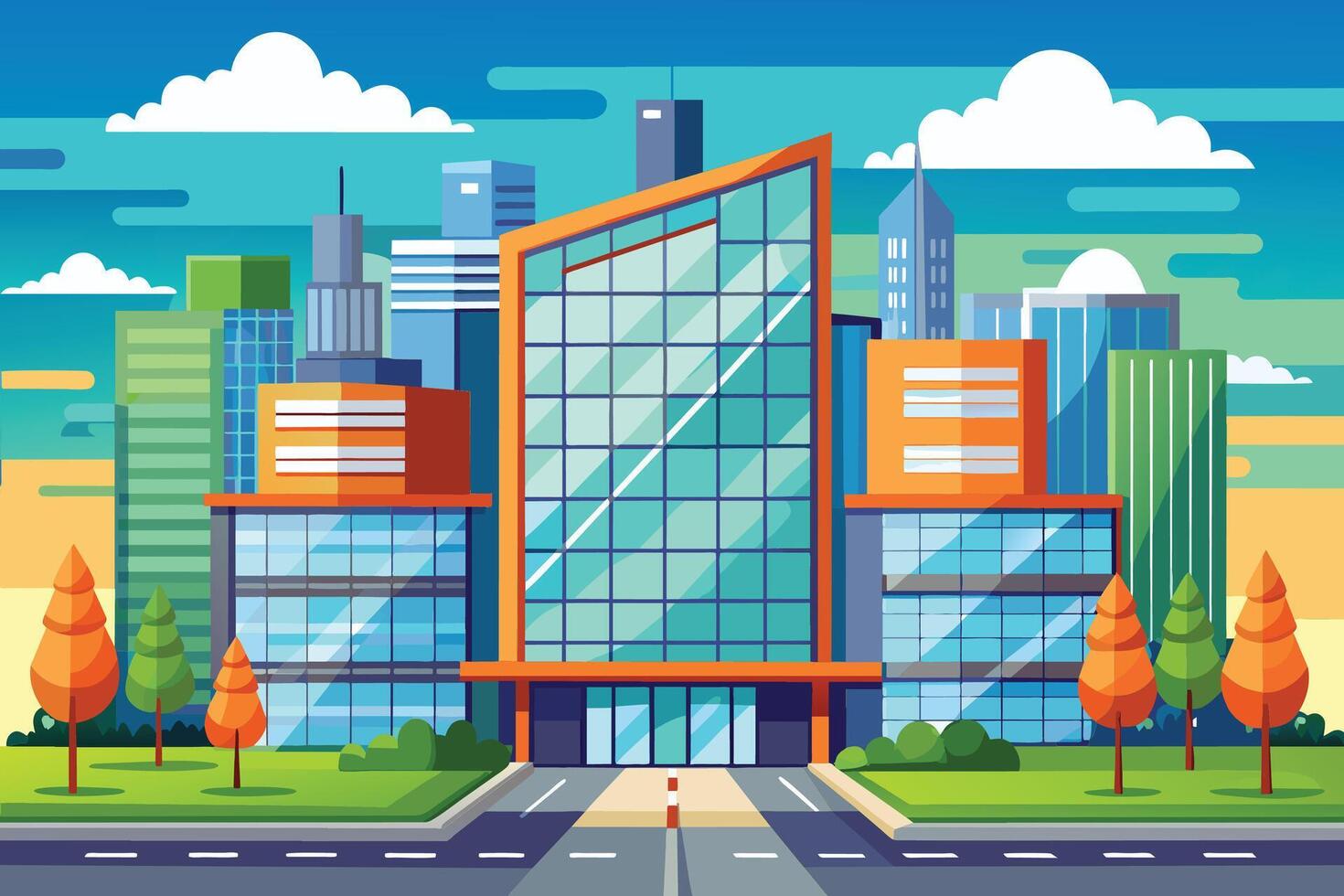 a modern city with tall buildings and trees, Modern office buildings vector
