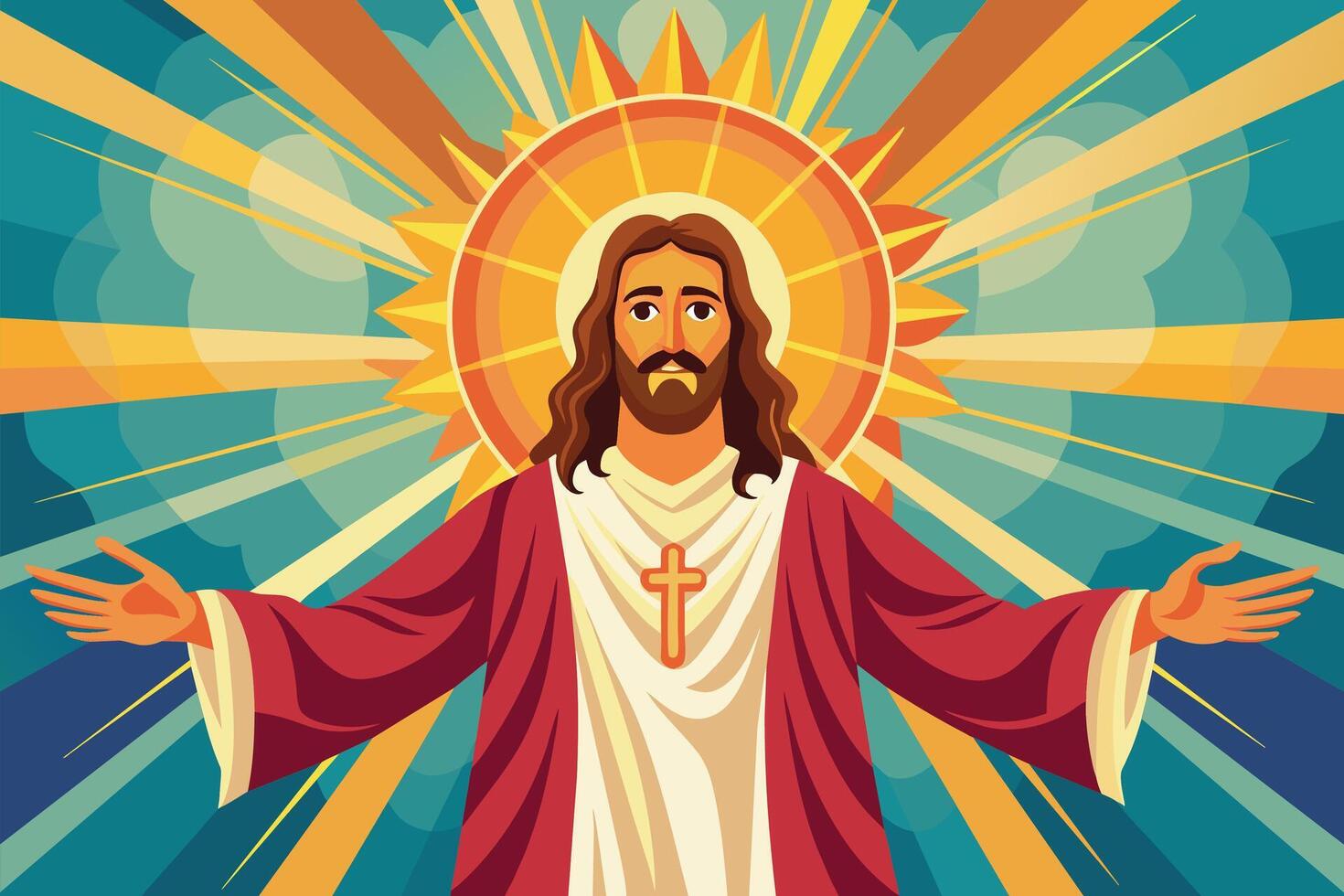 jesus with arms outstretched and sun shining behind him, Jesus with a radiant aura vector