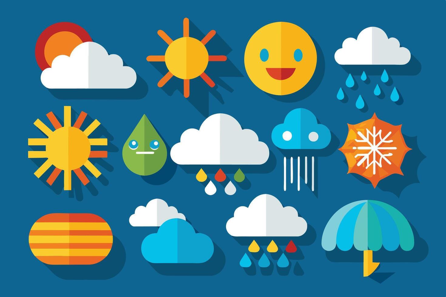 Weather icons rain, sun, clouds, snowflakes. vector