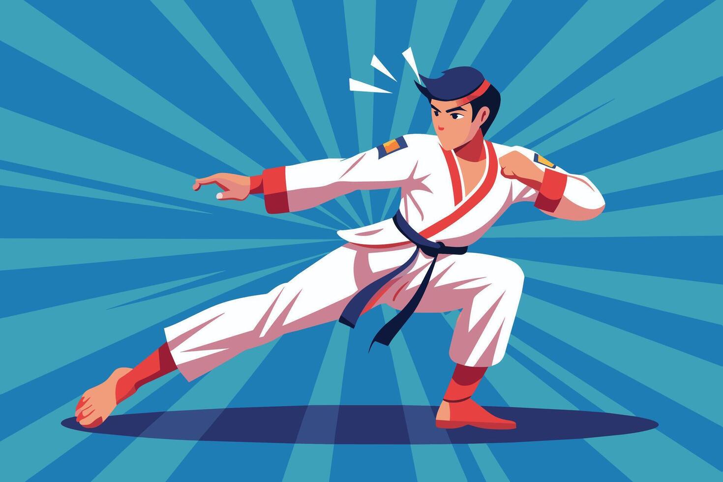 a man in karate gear doing a kick, Taekwondo fighter in a defensive pose vector