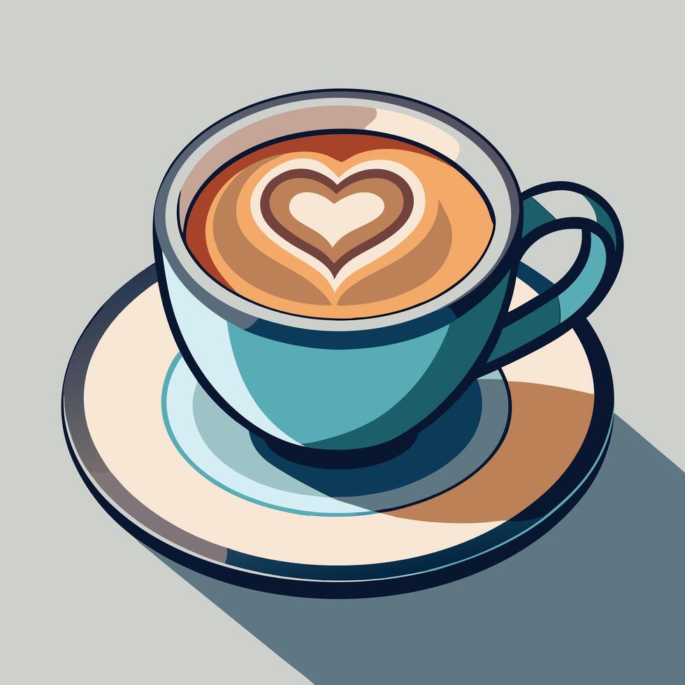Coffee with heart foam art served in a light blue cup vector