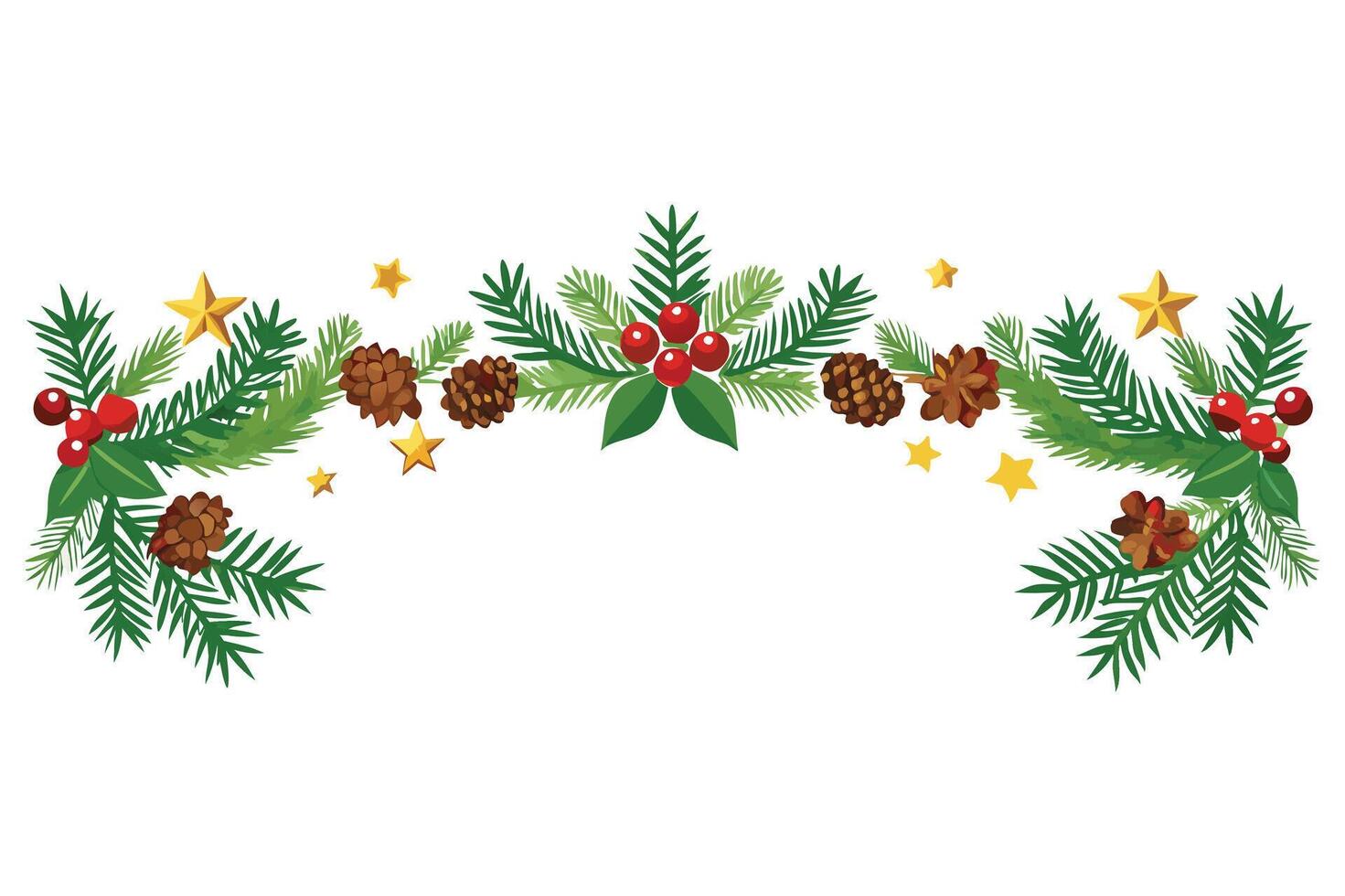 Christmas pine border with holly and stars on white background vector