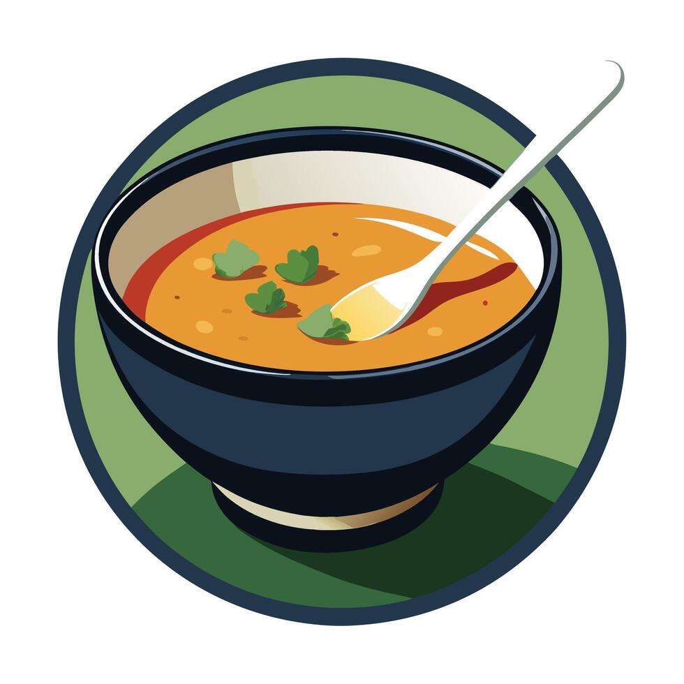 Bowl of soup with a spoon on a green background vector