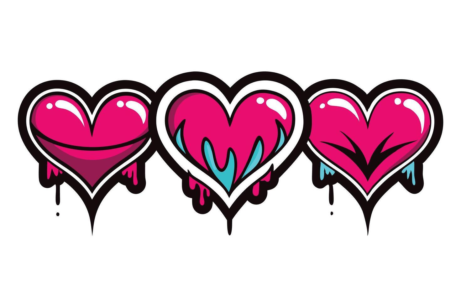 Colorful heart icons showcase graffiti art style in vibrant design vector