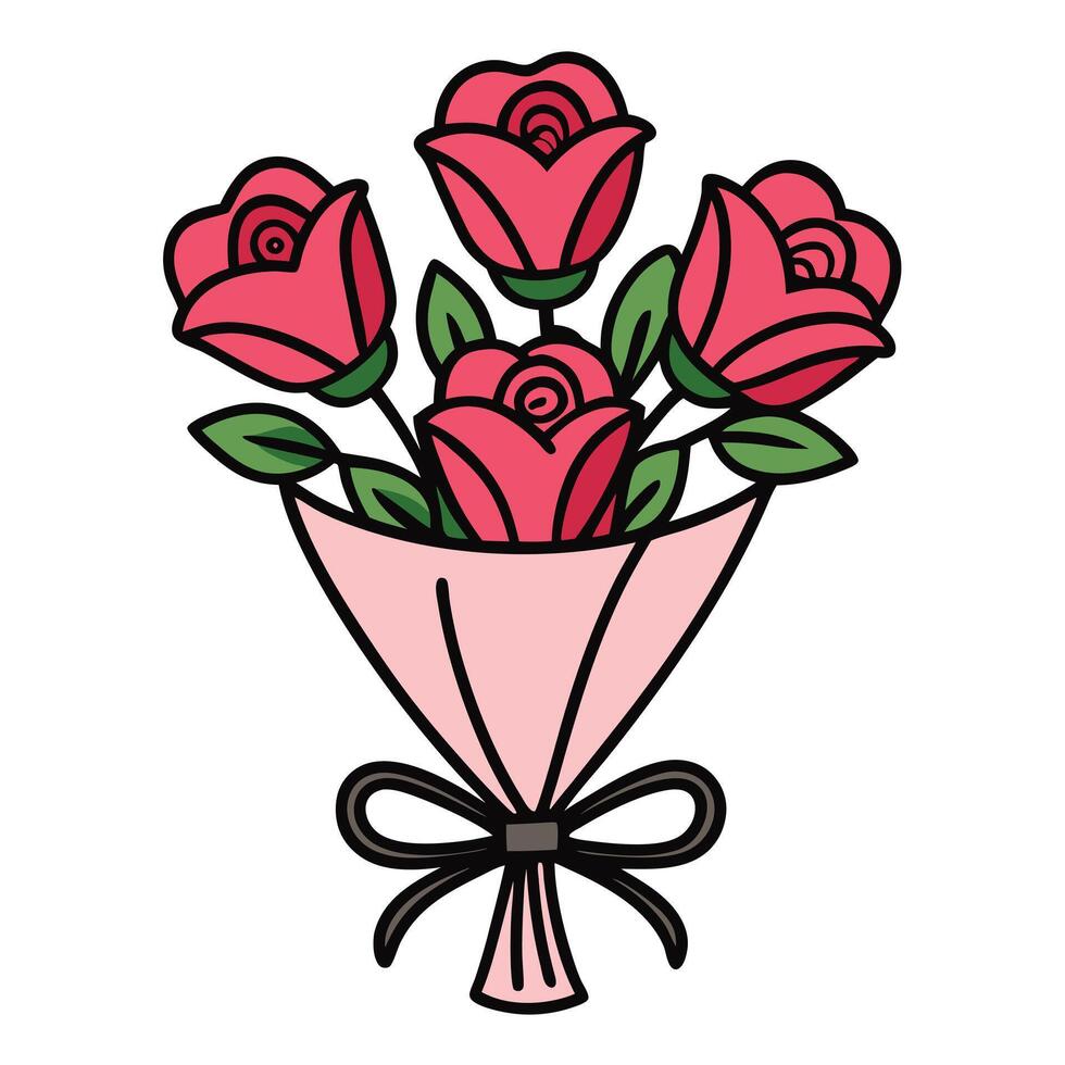 Valentines day bouquet with roses and green leaves in simple outline vector