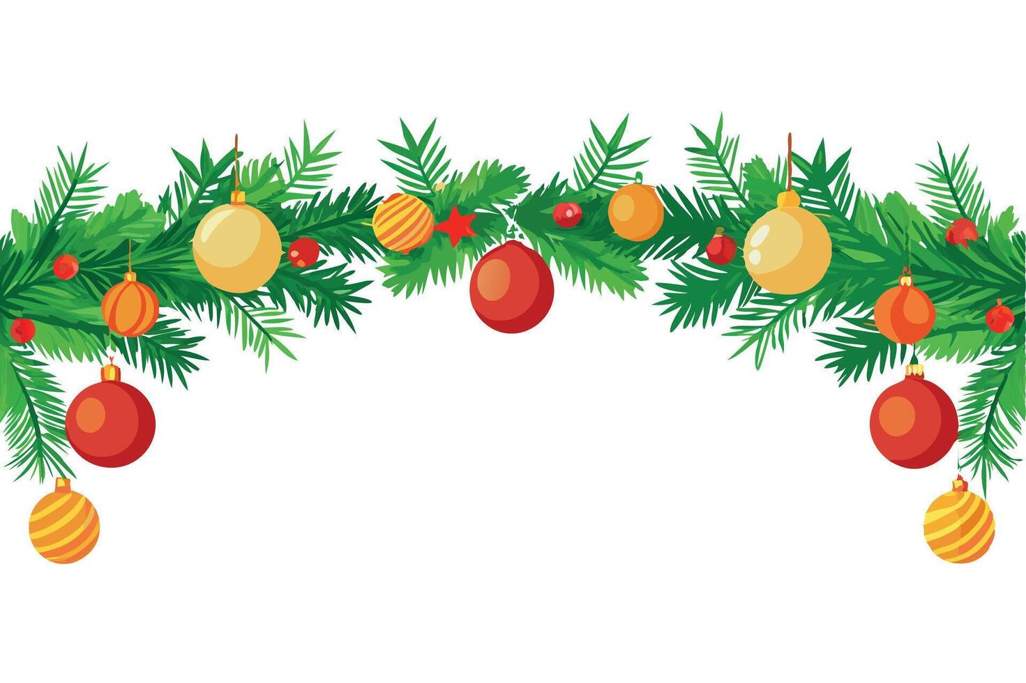 Christmas pine border with colorful ornaments for festive decor vector