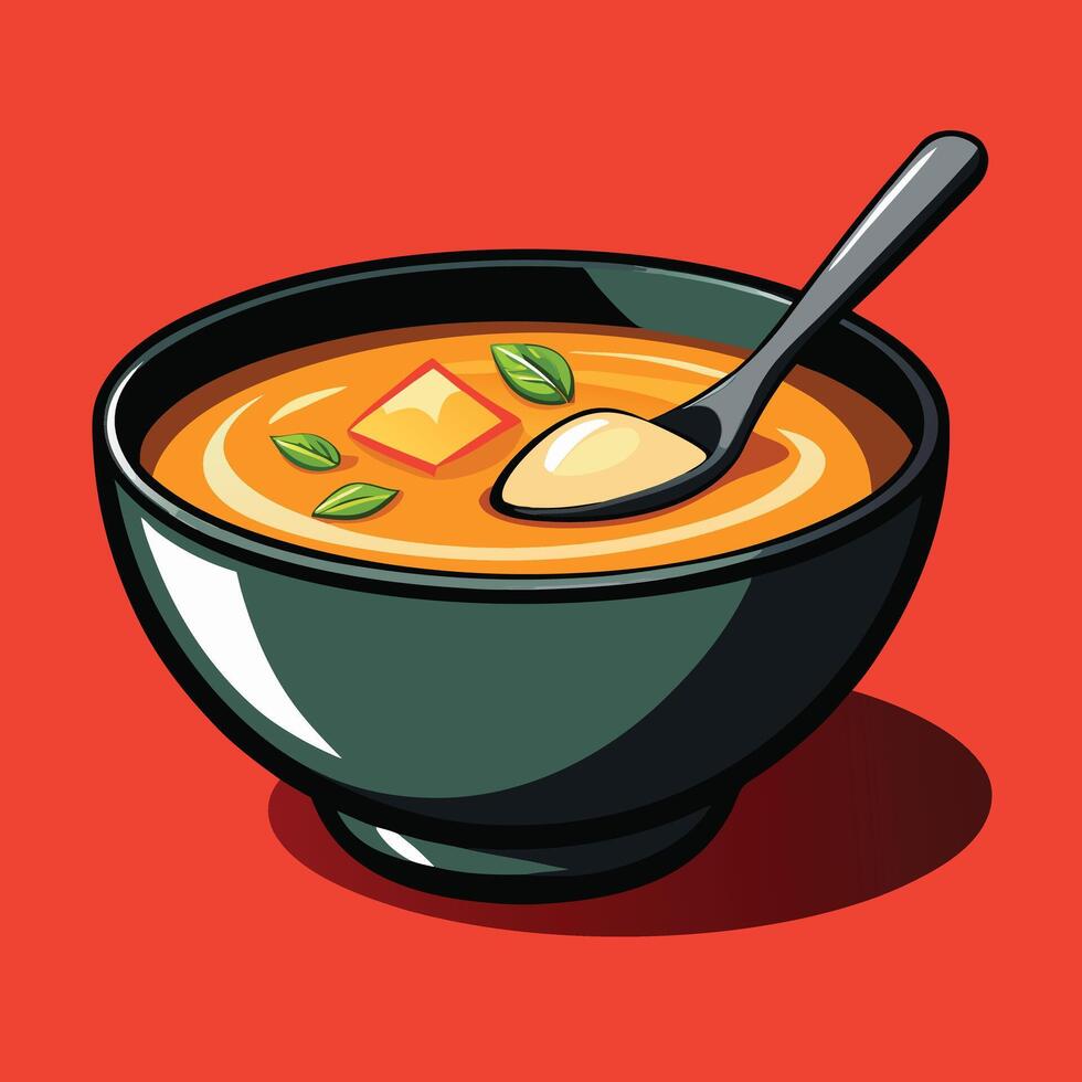 Delicious bowl of soup with spoon on vibrant red background vector
