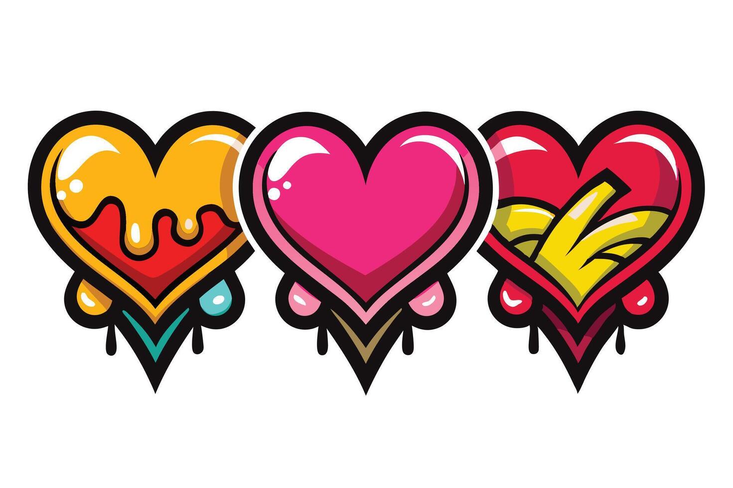 Colorful heart icons in graffiti style with drips vector