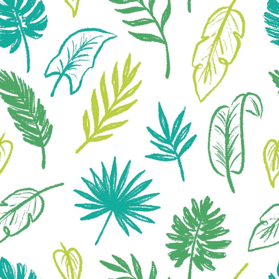 Tropical leaf seamless pattern background. Hand drawn crayon brush abstract green tropic leaves seamless pattern. Floral abstract hand drawn print background. vector