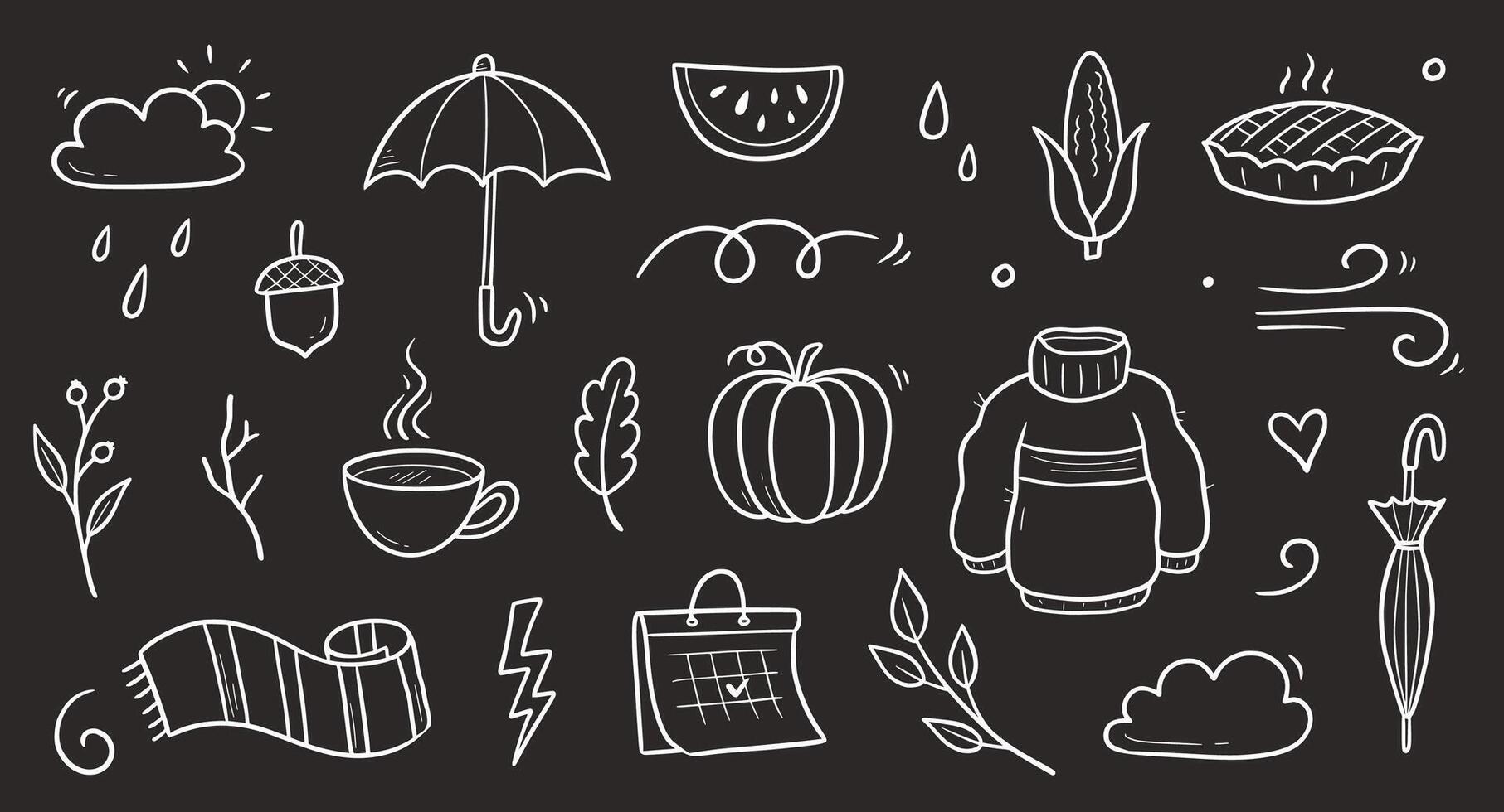 Autumn doodle chalkboard set. Hand drawn doodle sketch style nature fall season, autumn icon background. Autumn falling leaves, wind season, umbrella sketch elements. vector