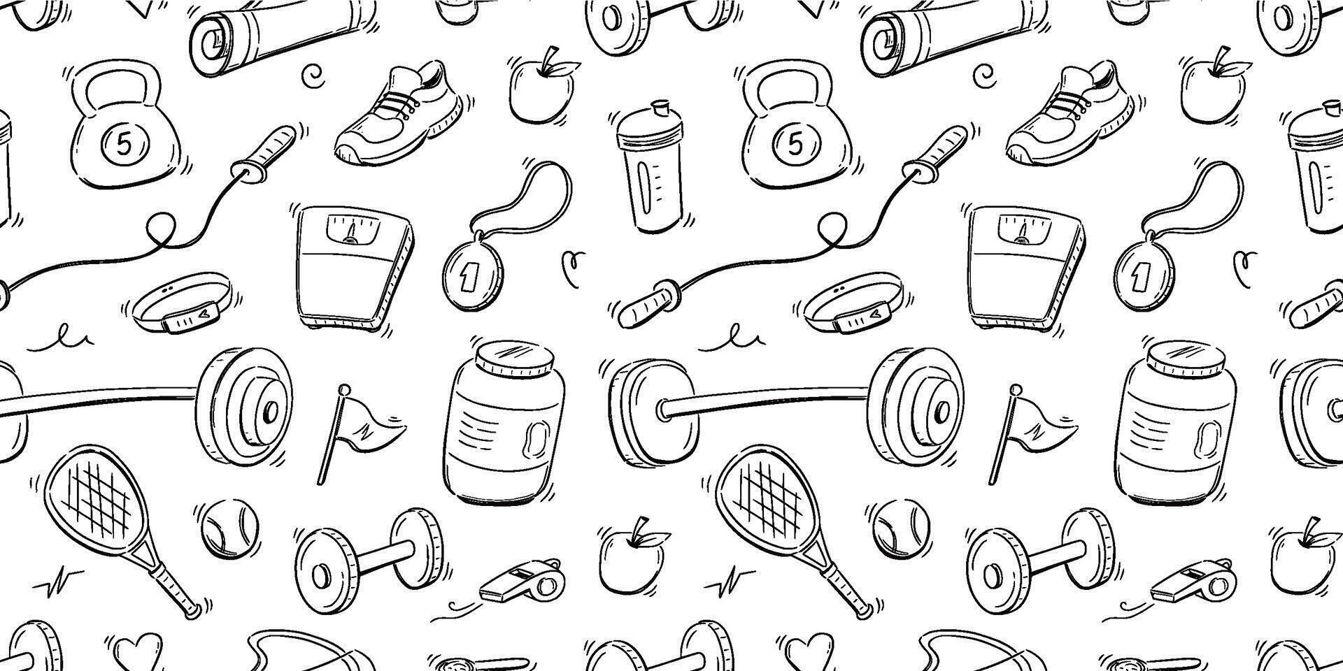 Doodle gym sketch health seamless pattern background. Hand drawn sketch doodle healthy sport, gym fit exercise equipment background. Hand drawn tennis ball, bottle, dumbbell fit. vector
