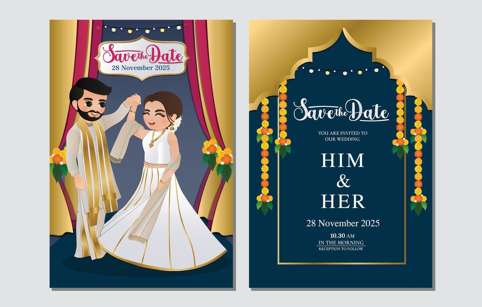 Indian wedding invitation card cute Hindu couple cartoon character in Front and Back View vector