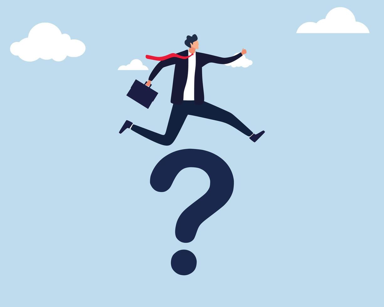 businessman leap over big question marks. Solutions to solve business problems vector