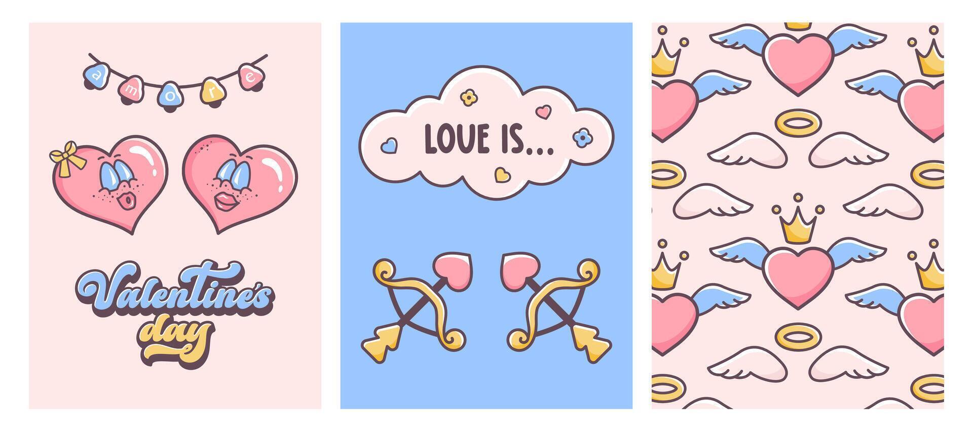 Set of Valentine's day flier. Groovy hippie love. LGBT love couples. Homosexual love. Retro valentine cards in 60s 70s cartoon style. Cute hearts, cupid arrow, angel wings, valentine text. vector