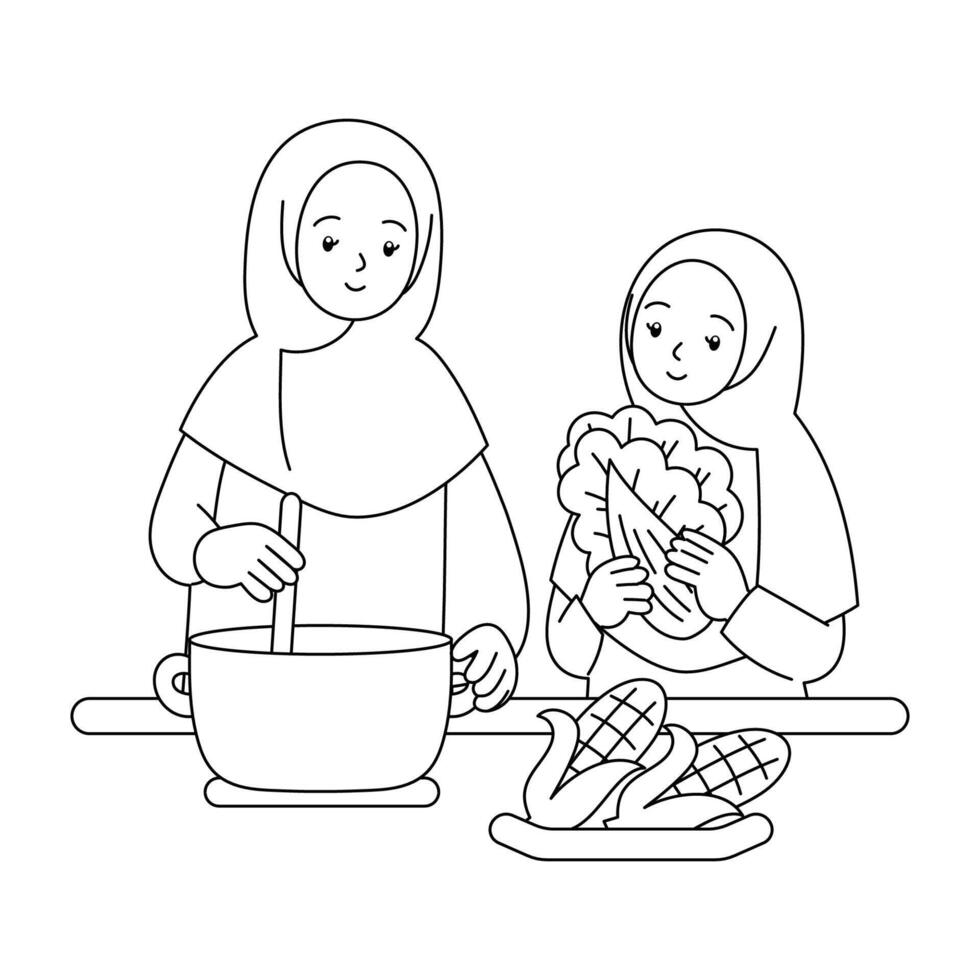 muslim mother and daughter cooking together outline coloring vector