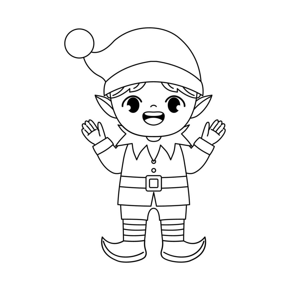 happy and cute chritsmas elf coloring outline vector