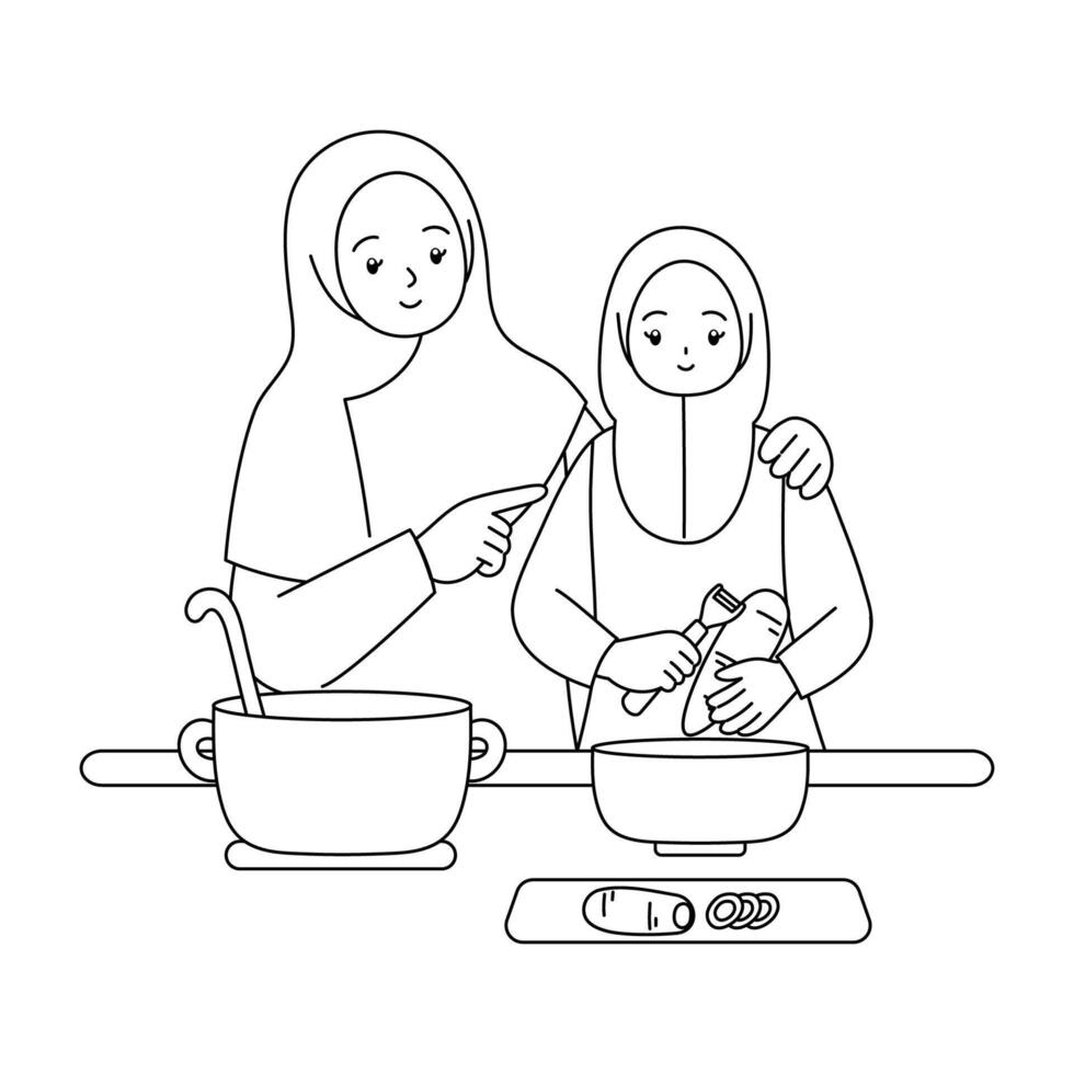 mother teach daughter cooking outline coloring vector