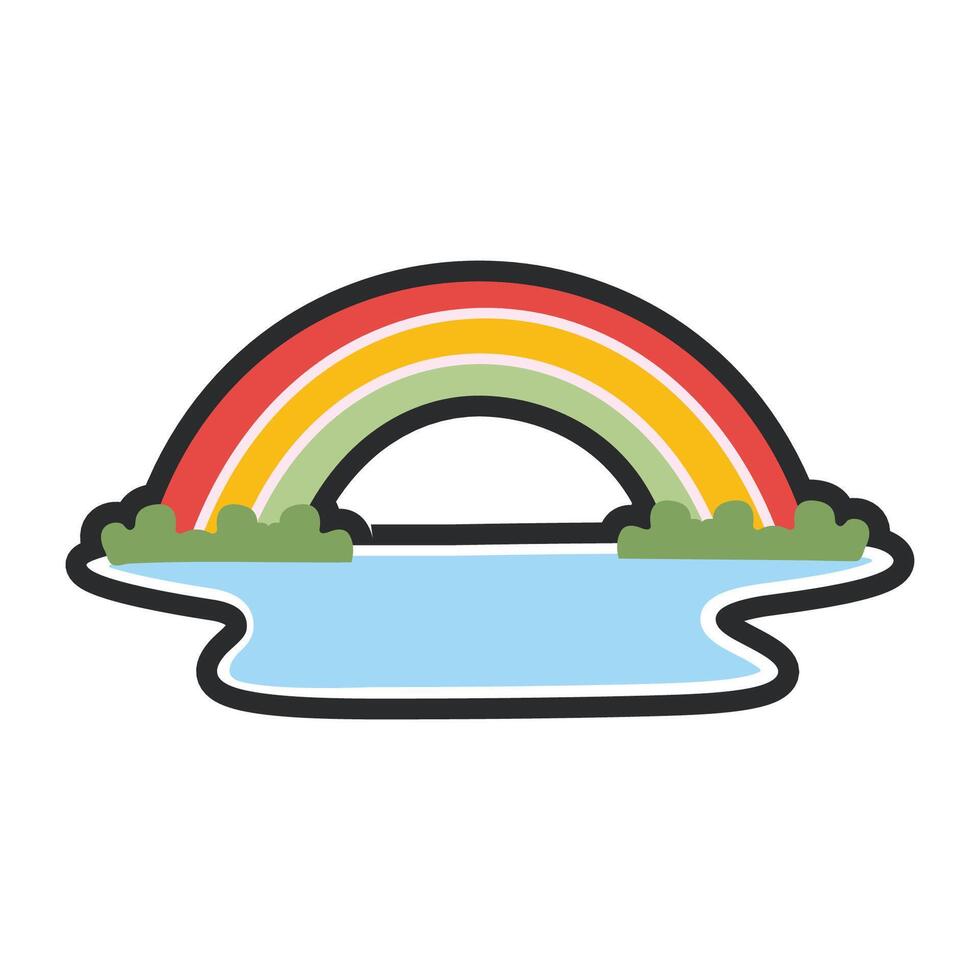 rainbow and lake with outline in flat design vector
