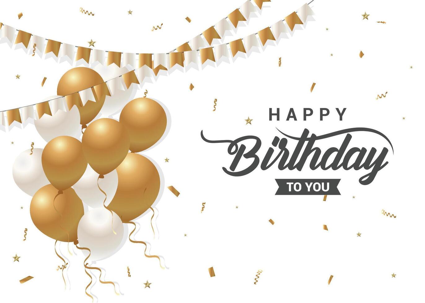 Happy Birthday template with chic lettering, vibrant balloons, festive bunting, and sparkling glitter accents for a stylish celebration. vector