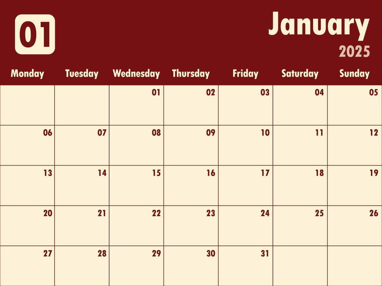 January 2025 calendar. A simple monthly planner to organize your month vector