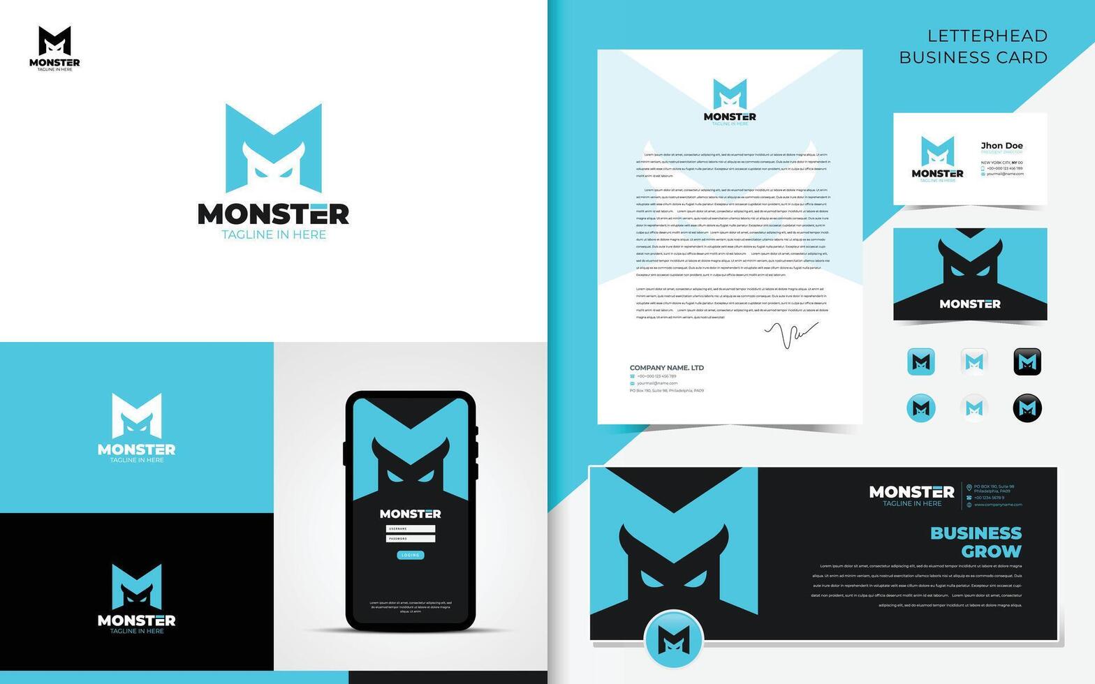 Lettermarks logo M and Branding Identity Package forming a monster face symbol in sky blue color vector