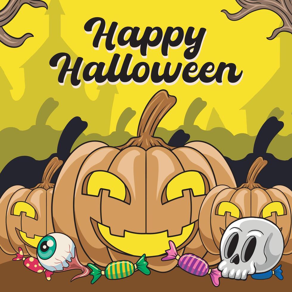 Happy Halloween greeting Night with Pumpkin Mummy Bat Zombie Castle spooky elements for scary night decoration illustration vector