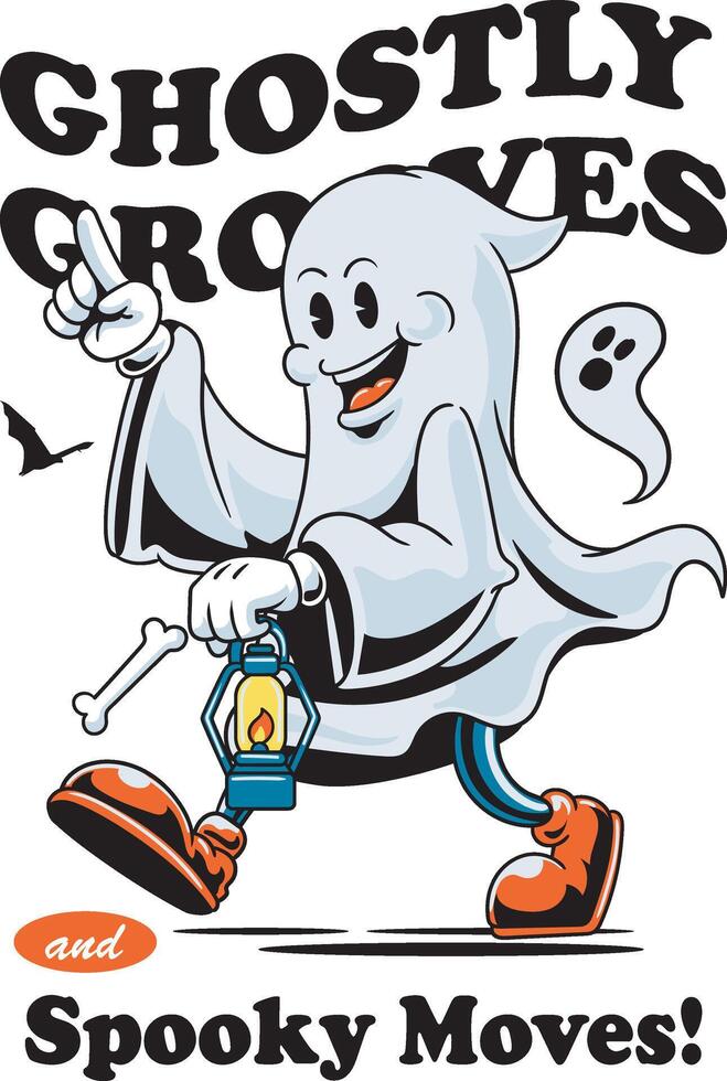 halloween character funny walking ghost with bat for badge and label sticker, banner, patch, greeting card, t-shirt and invitation in a cartoon retro groove style illustration vector