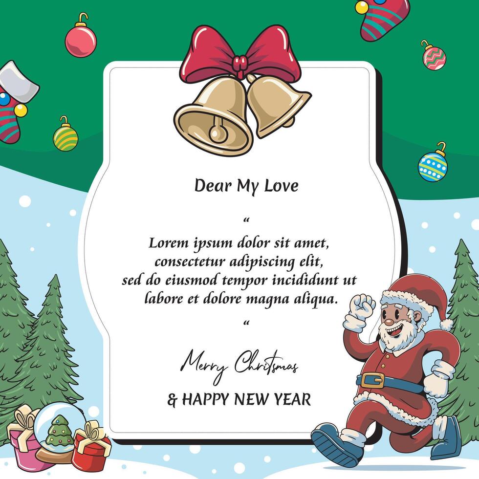 Merry Christmas greeting card Retro Cartoon Illustration with Cute Santa Claus Star Red Ribbon Ring Bell Pine Tree Sock Snowflakes vector