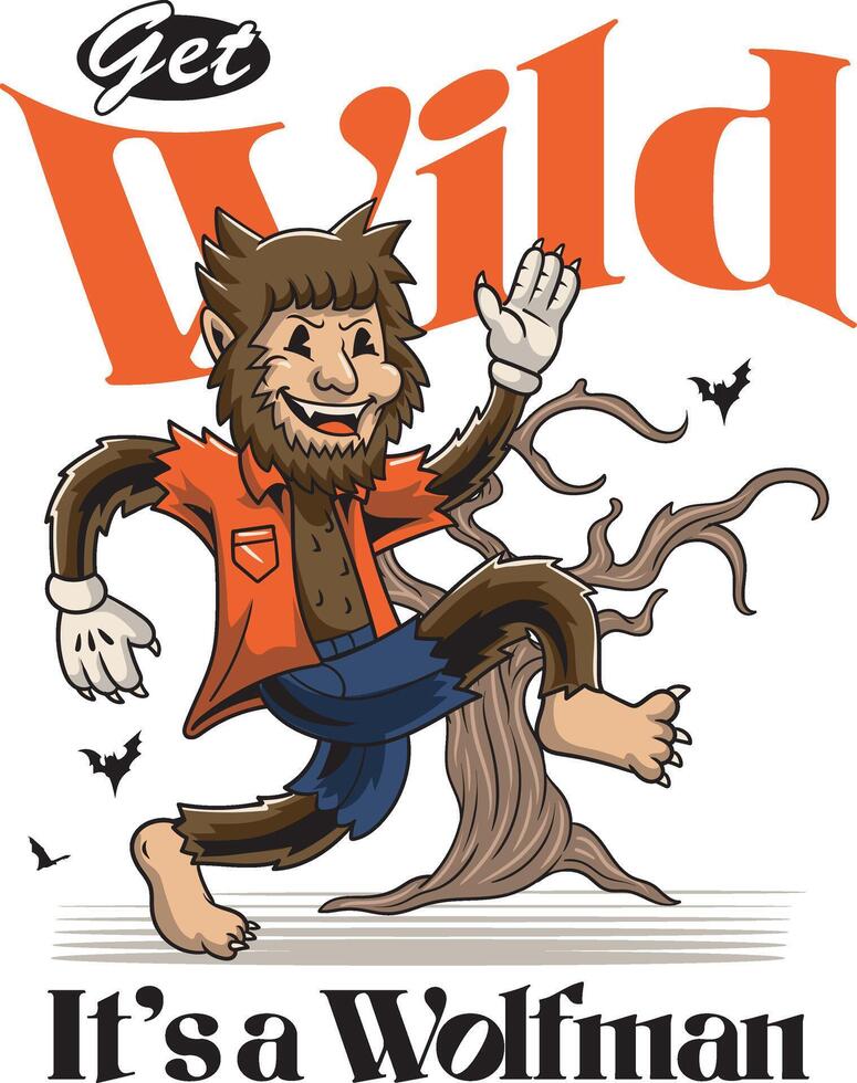halloween character walking werewolf for badge and label sticker, banner, patch, greeting card, t-shirt and invitation in a cartoon retro groove style illustration vector