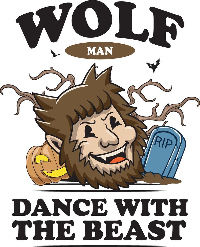 halloween character wolf man head with tomb, pumpkin in graveyard for badge and label sticker, banner, patch, greeting card, t-shirt and invitation in a cartoon retro groove style illustration vector