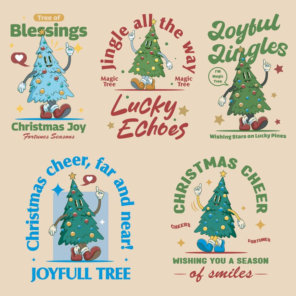 Christmas Cute Tree Retro Mascot Character Cartoon Illustration Set vector