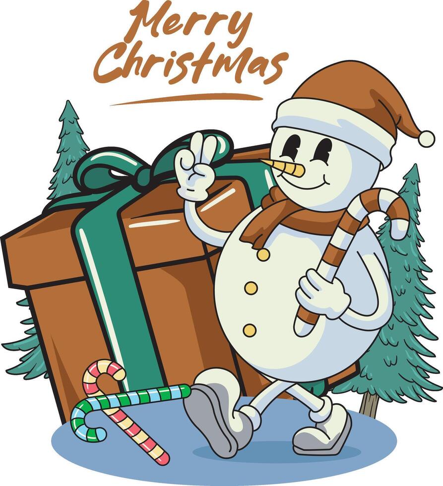 Merry Christmas and Happy New Year Sticker Cute Cheerful Snowman Peace Pose with Big Red Gift Box in Trendy Groovy Retro Cartoon Style Illustration vector