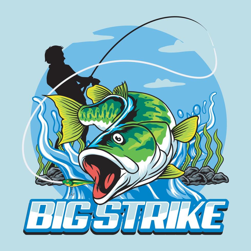 Big Strike Bass Fish Sport Splash River Cartoon for T-Shirt Graphic Design Illustration vector