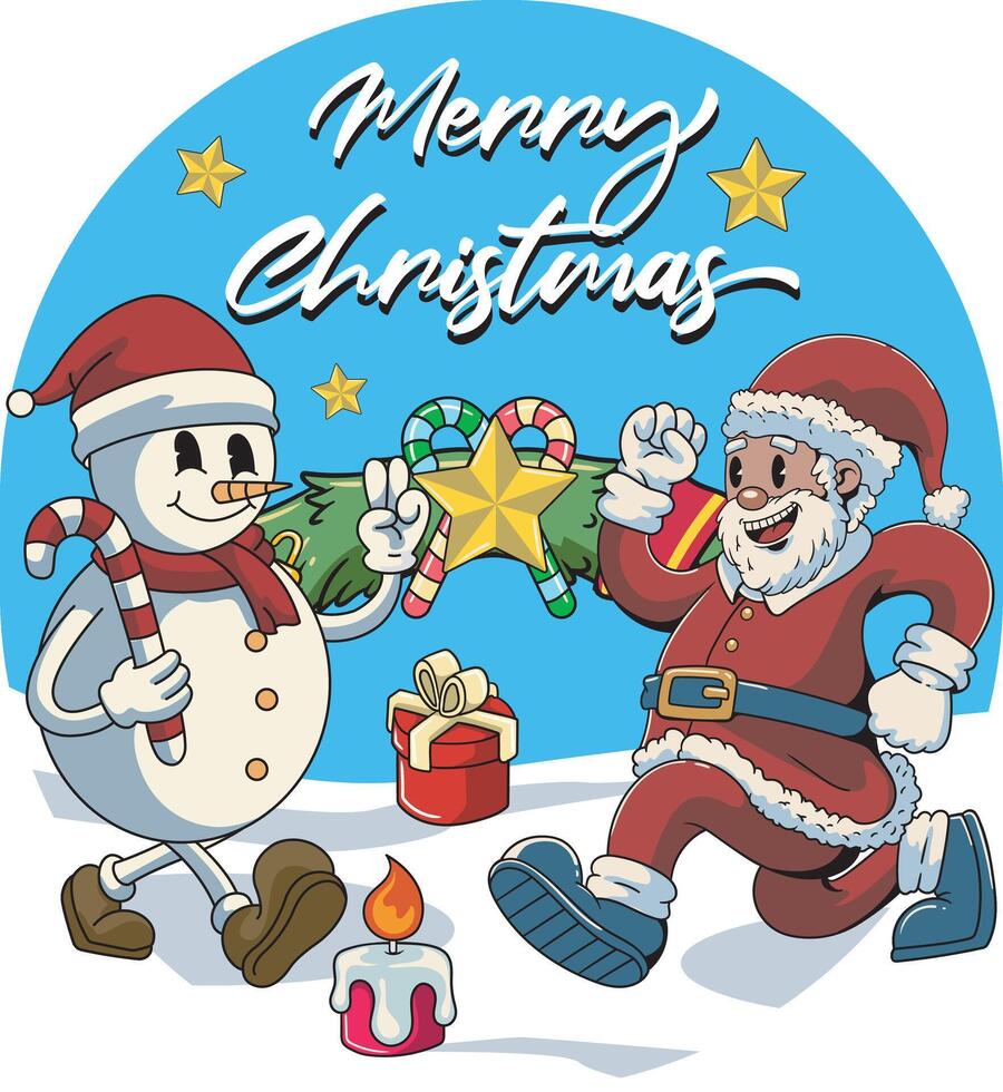Merry Christmas and Happy New Year Sticker Cute Cheerful Snowman and Santa Claus in Trendy Groovy Retro Cartoon Style Illustration vector