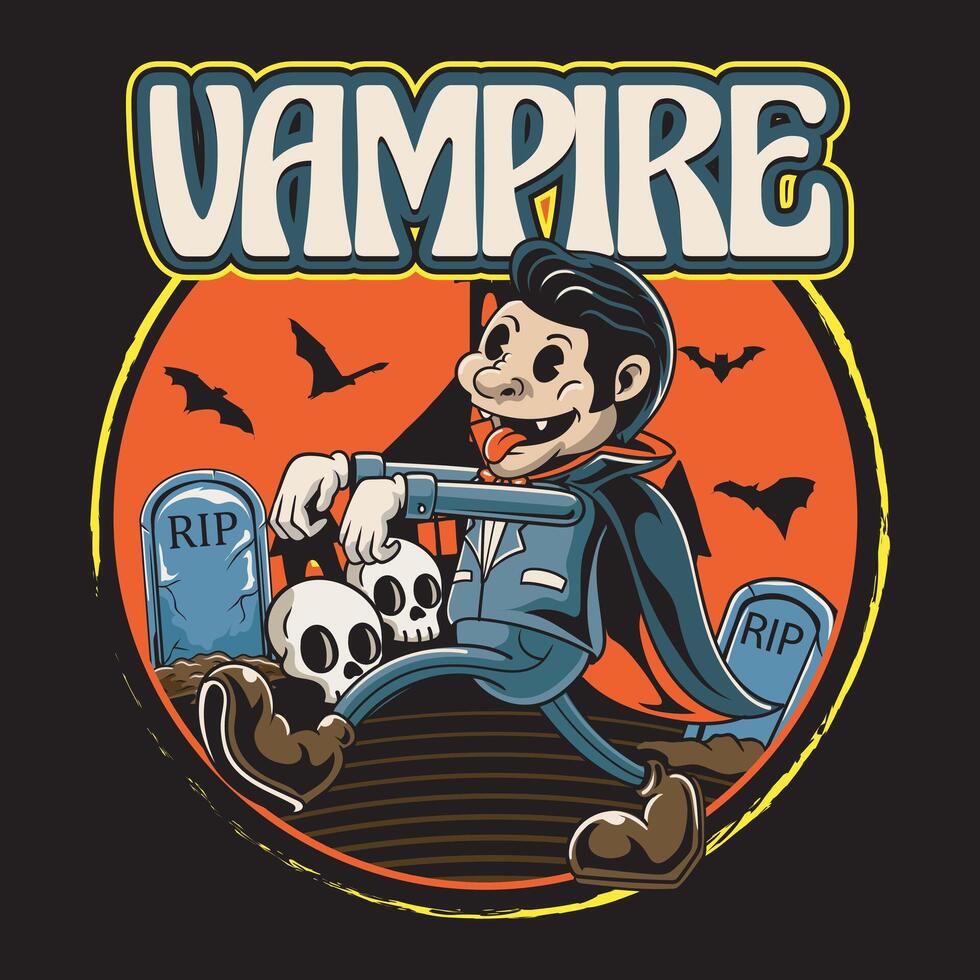 Happy Halloween Vampire in Castle Graveyard with Bat for badge and label sticker, banner, patch, greeting card, t-shirt and invitation retro cartoon illustration vector