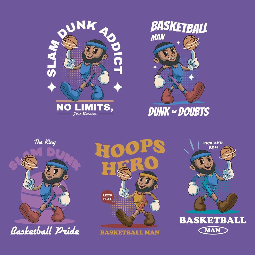 Collection of Cute American Guy Basketball Player Sport Retro Mascot Character Cartoon Design Illustration Set vector