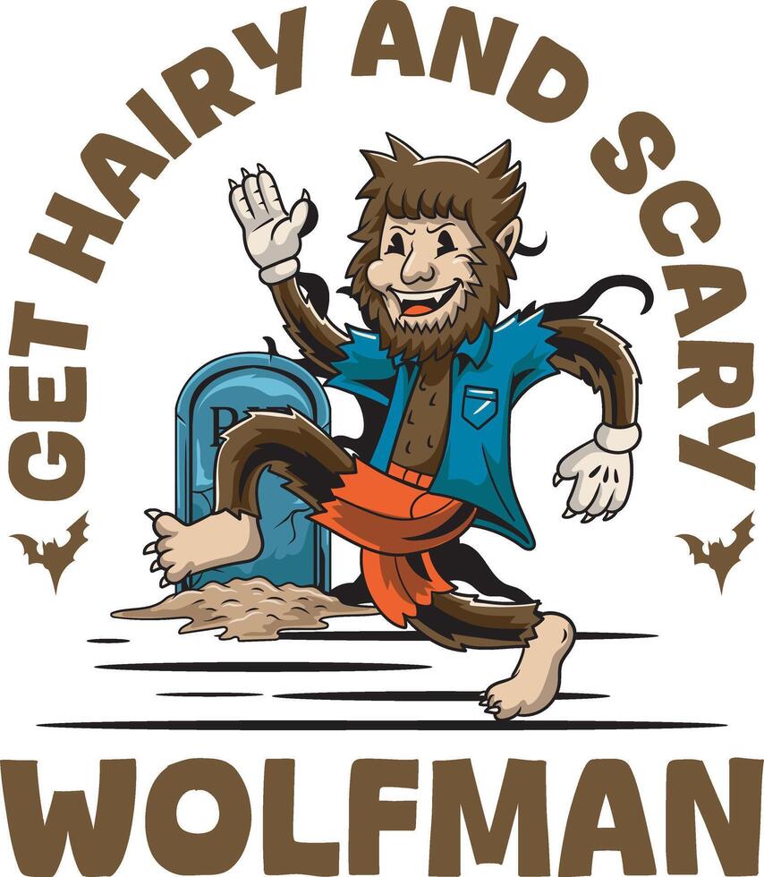 halloween character walking wolf man in graveyard for badge and label sticker, banner, patch, greeting card, t-shirt and invitation in a cartoon retro groove style illustration vector