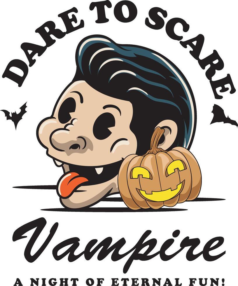halloween character funny vampire head with pumpkin for badge and label sticker, banner, patch, greeting card, t-shirt and invitation in a cartoon retro groove style illustration vector