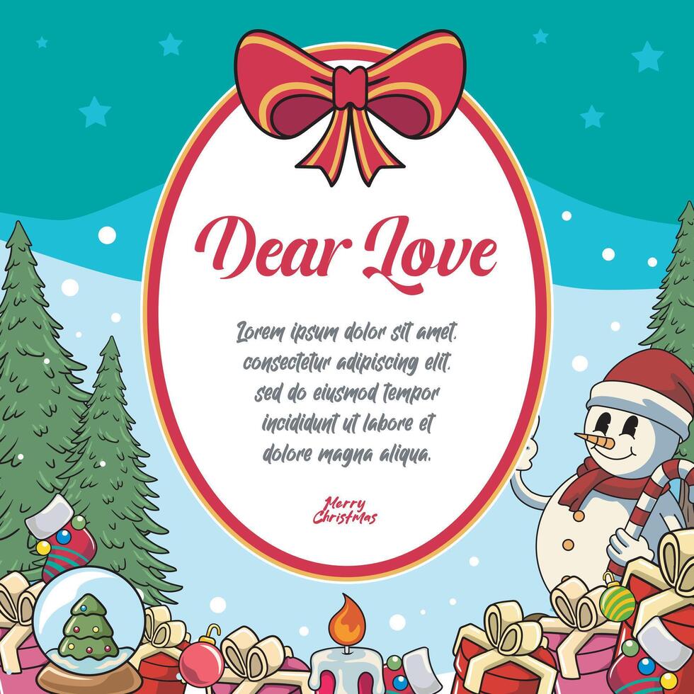 christmas layoutMerry Christmas greeting card Retro Cartoon Illustration with Beautiful Snowman Red Ribbon Gift Box Candle Snowflakes vector
