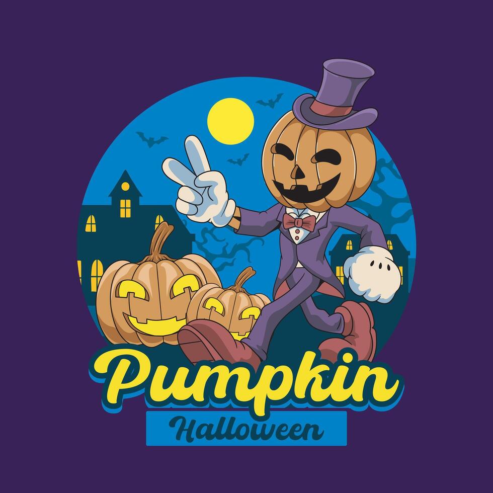 Happy Halloween Pumpkin Head Doll Castle badge and label sticker, banner, patch, greeting card and invitation illustration vector
