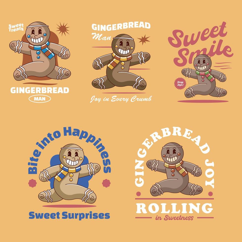 Christmas Cute Gingerbread Man Retro Mascot Character Cartoon Illustration Set vector