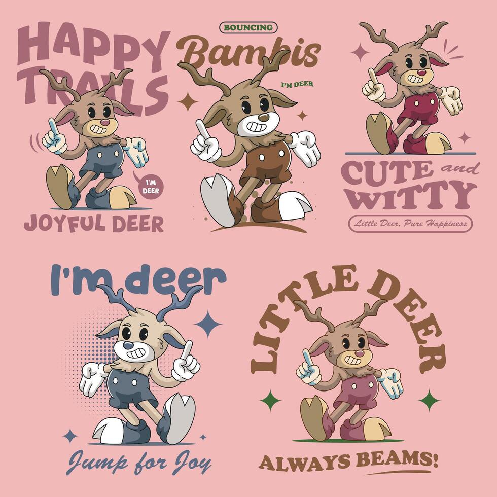 Christmas Cute Reindeer Animal Retro Mascot Character Cartoon Illustration Set vector