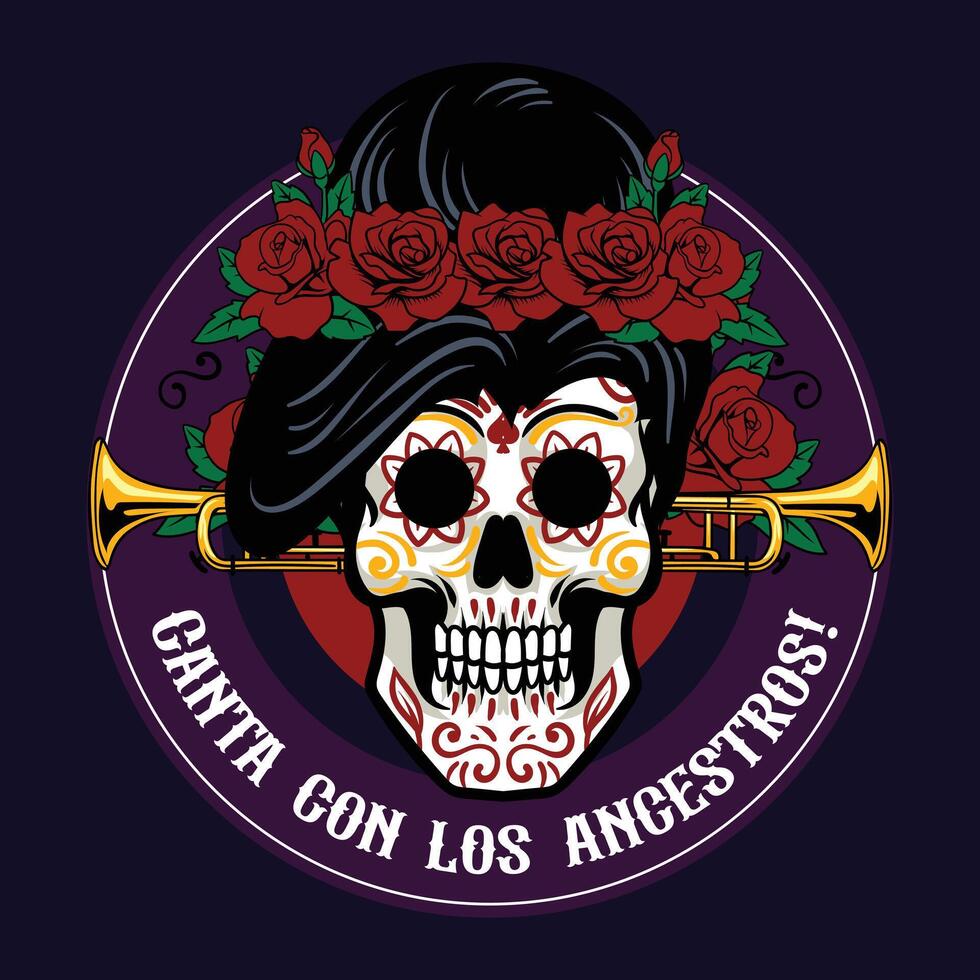 Day of the Dead Mexican Calavera Catrina Skulls with Trumpet and Red Roses Holiday cartoon illustration vector