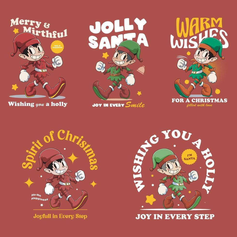 Christmas Cute Elf Retro Mascot Character Cartoon Illustration Set vector