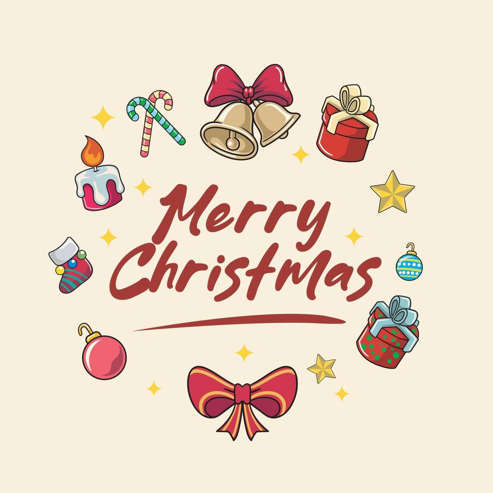 Merry Christmas greeting card Retro Cartoon Illustration with Beautiful Candy Cane Ring Bell Gift Box Red Ribbon Candle vector