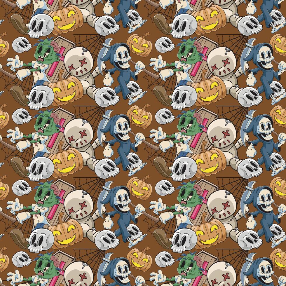 Vintage Spooky Horror Holiday Halloween seamless pattern design with Pumpkin Casket Skull Grim Reaper Doll Zombie Illustration vector