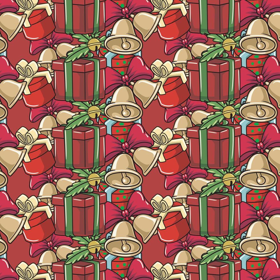 Seamless Merry Christmas Happy New Year Pattern Cute Cartoon Retro Illustration Style with Ring Bells Red Ribbon Gift Boxes pattern set for fabric, linen, textiles vector