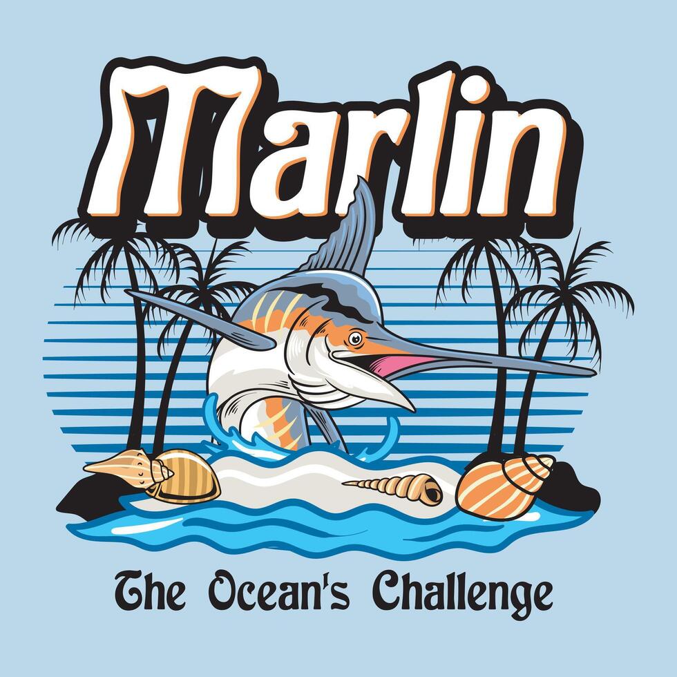 Marlin Fish Sport Fishing in Cartoon Modern Illustration vector